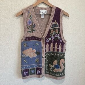VTG 90's Teddi Womens Petite Small Cottage Squirrel Printed Vest‎ Knitted Boho